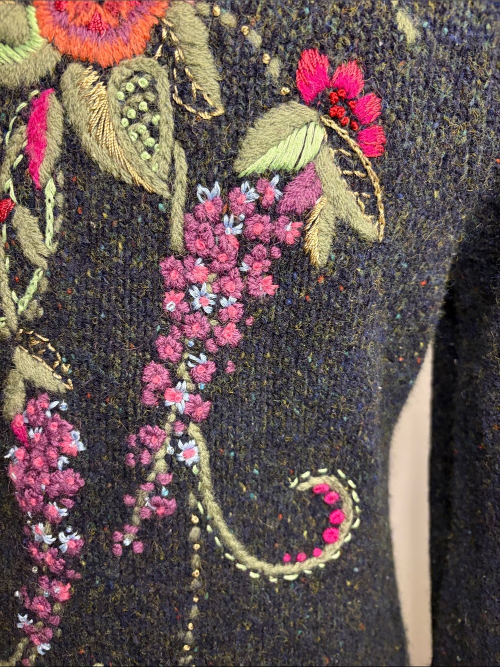 SUSAN BRISTOL LTD. Charcoal Hand Embroidered Floral Wool Blend Cardigan SIZE S - Picture 10 of 16